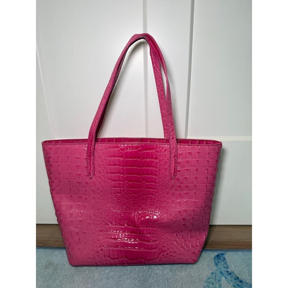 Hot Pink Croc Embossed Large Tote Bag Shoulder Purse Gold Hardware - Picture 5 of 5